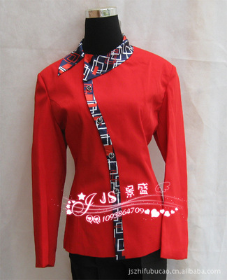 【新上市酒店工作服 酒店制服 高檔女服務(wù)員服飾 長袖紅色拼花JS130】價格,廠家,圖片,制服、工作服,廣州市番禺區(qū)大石景盛酒店用品經(jīng)營部-